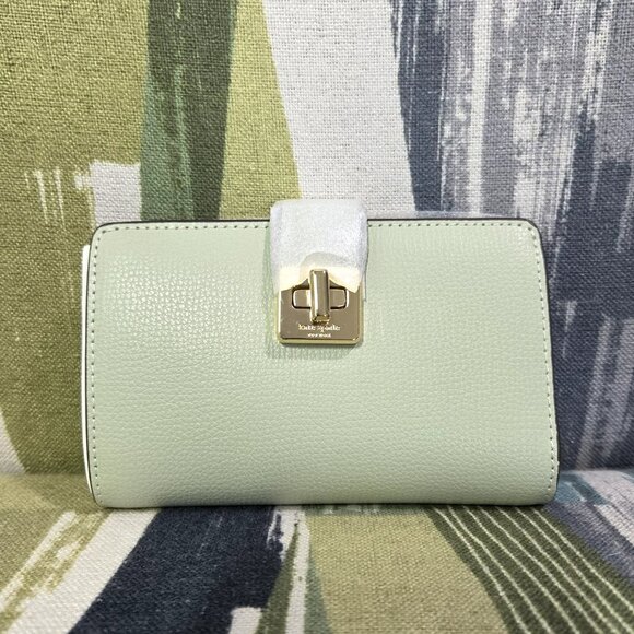 Kate Spade Phoebe Turnlock Medium Leather Wallet In Sage Bundle (Light Green) - Picture 1 of 11